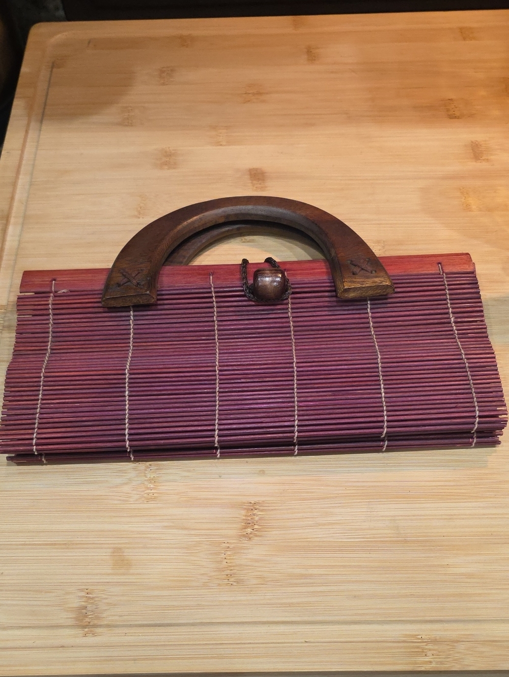 Wood-Handle Bamboo Clutch Bag in Burgundy